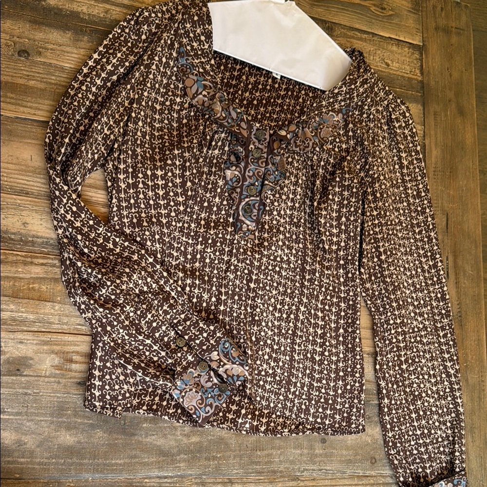 Mayle Brown and Tan Smocked Blouse with Long Sleeves
